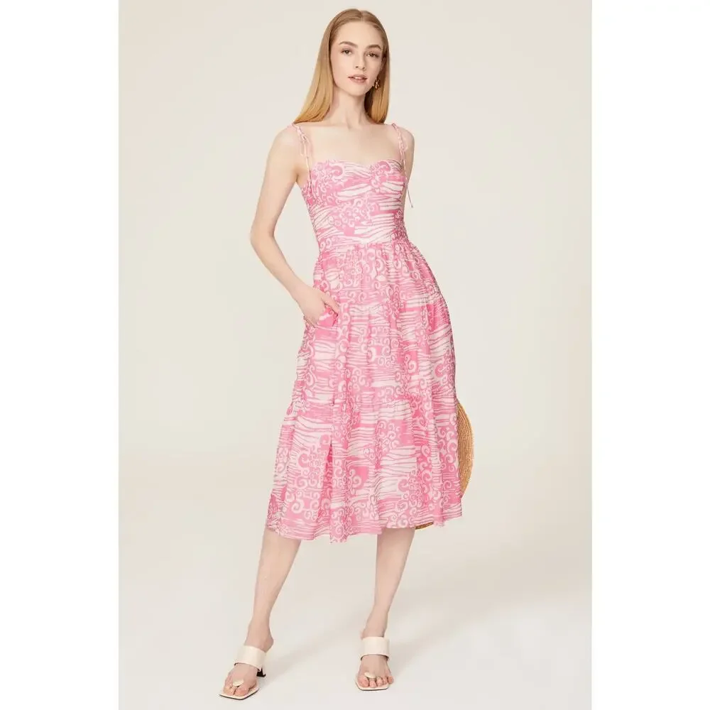 RTR Sz L Amanda Uprichard Tula Pink Print Tie Strap Sweetheart A-Line Midi Dress - Picture 1 of 10
